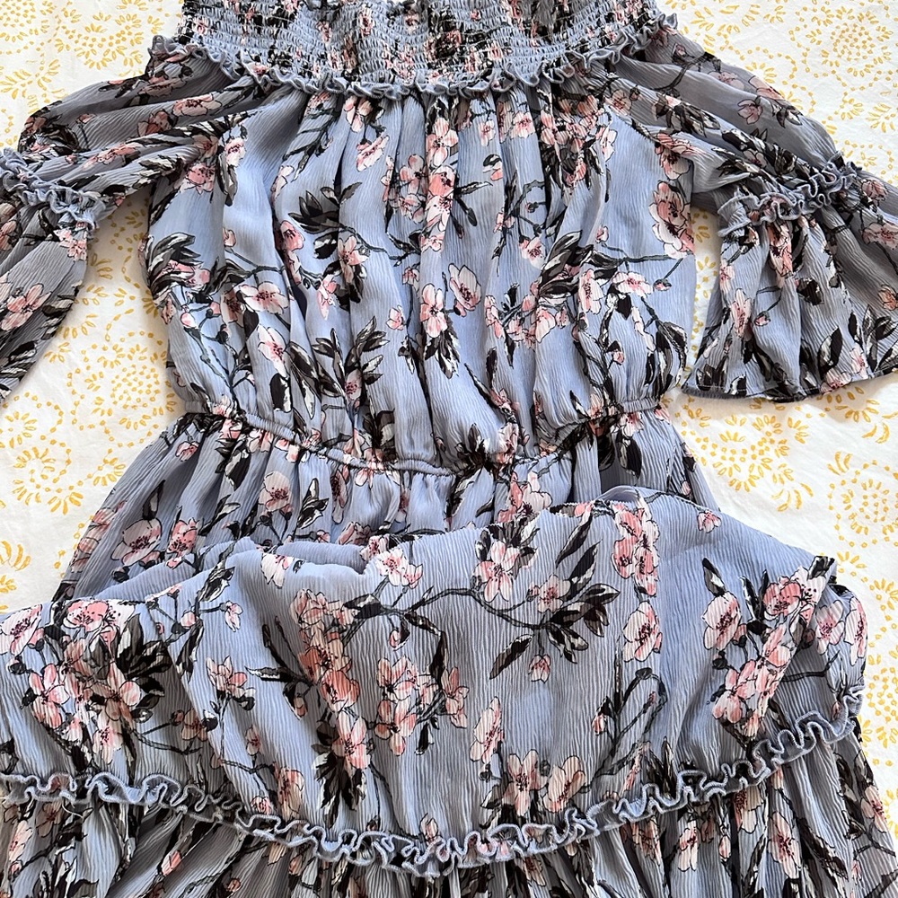 CHELSEA28 Light Blue Sakura Floral Off the Shoulder Dress